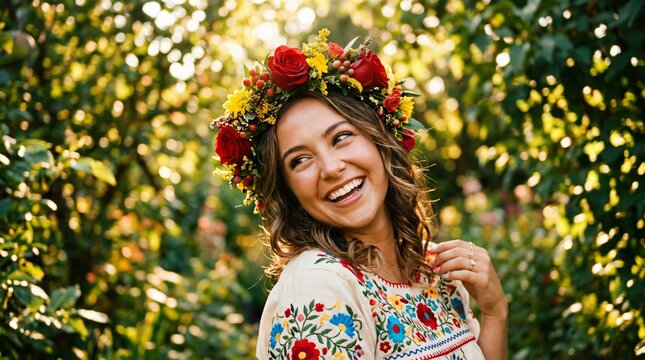 Mujer hispana sonriente con corona de flores y blusa tradicional bordada celebrando el Mes de la Herencia Hispana al aire libre.