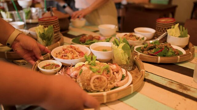 Thai Seafood Fried Rice and Isan Cuisine Served on Woven Tray