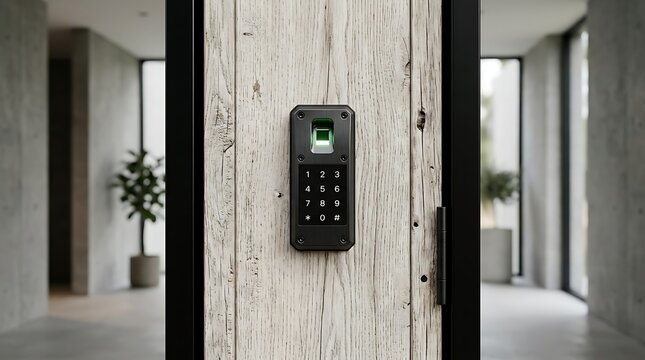 Modern biometric keypad lock mounted on a rustic wooden door.