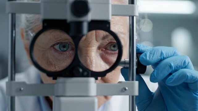 Senior scientist looking through microscope lens for clinical research and eye examination in professional laboratory