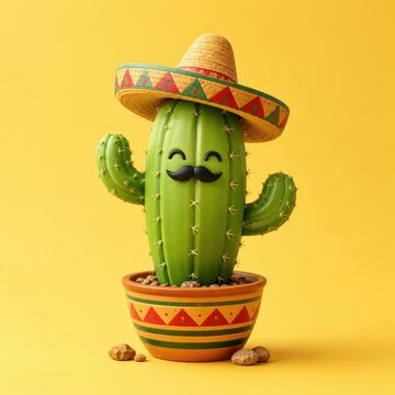 Cute cartoon cactus wearing a sombrero and mustache, smiling against a yellow background