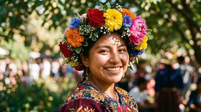 Mujer hispana sonriente con corona de flores tradicionales y huipil bordado, celebrando el Mes de la Herencia Hispana al aire libre con orgullo cultural y alegr&iacute;a.