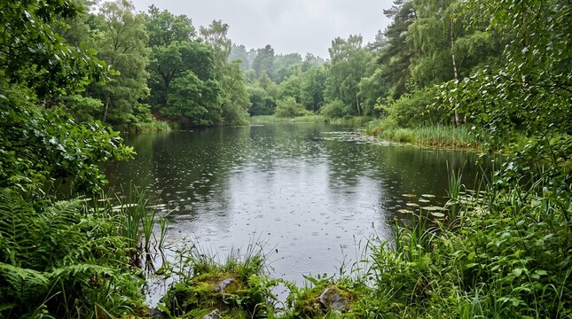 Serene forest lake in summer rain, lush green woodland pond with water ripples, misty natural landscape for travel and wellness