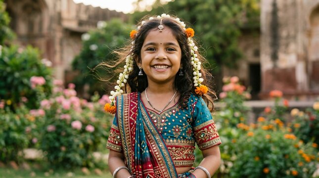 Ni&ntilde;a india sonriente con traje tradicional y flores en el cabello, celebrando festival en jard&iacute;n hist&oacute;rico al aire libre.