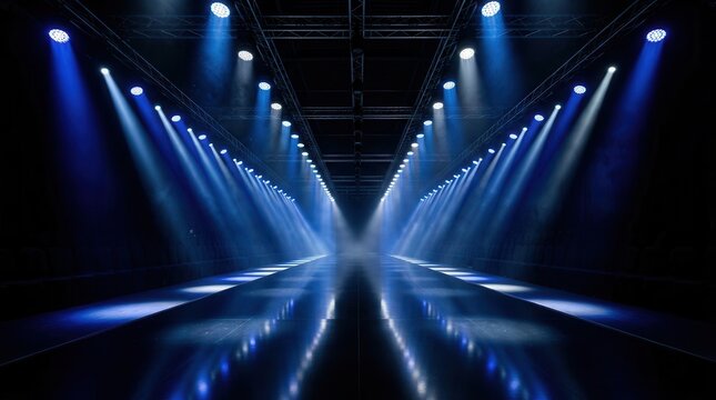 Dramatic spotlights illuminate the empty catwalk at a fashion event runway stage.
