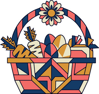 Abstract geometric Easter basket vector illustration featuring minimalist angular style painted eggs carrots and a stylized flower emblem isolated on white background