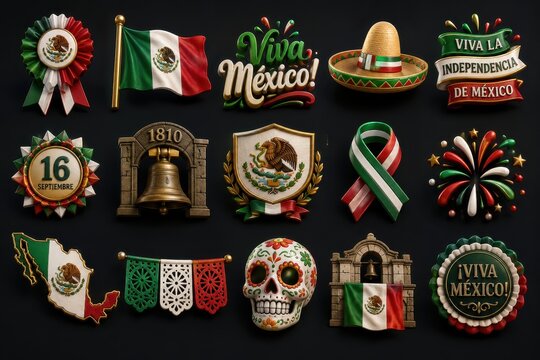 Collection of Mexican Independence Day symbols and decorations, featuring flags, sombreros, and sugar skulls, all in vibrant national colors