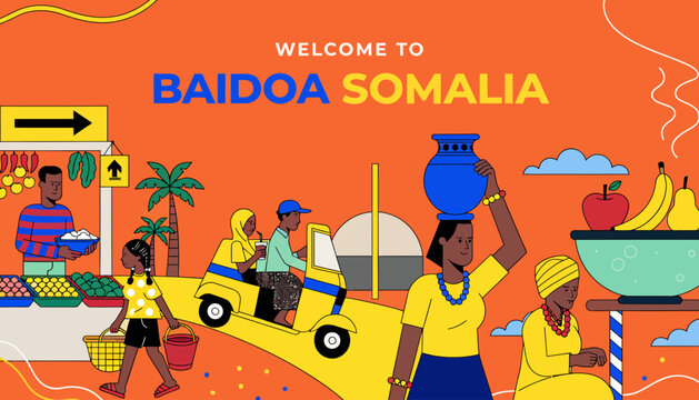 Welcome to Baidoa, Somalia: Vibrant illustration of street market scene with people, fruits, and local transportation