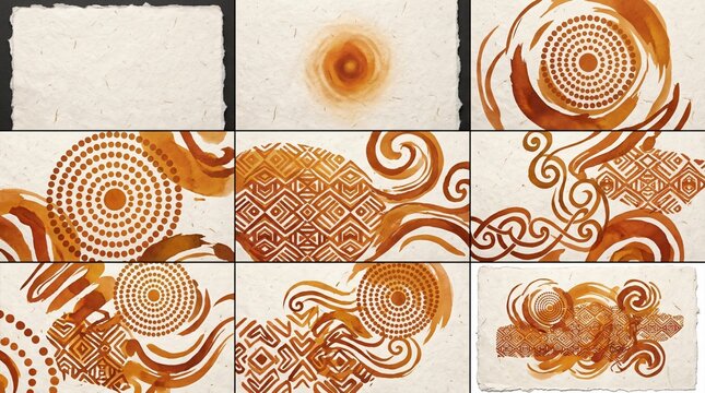 Proceso de pintura artesanal con motivos prehisp&aacute;nicos e ind&iacute;genas en tonos ocre sobre papel hecho a mano para el Mes de la Herencia Hispana.