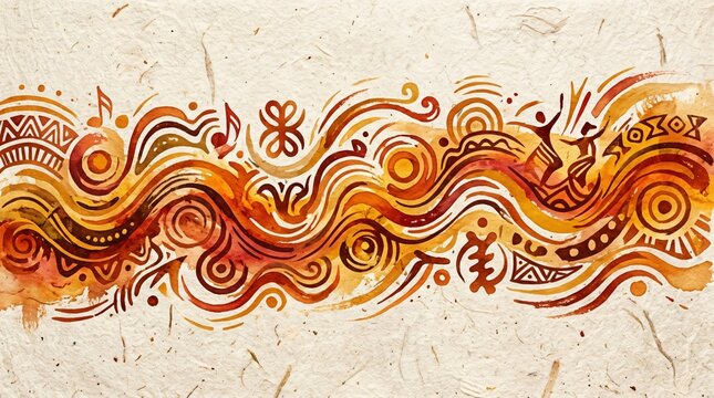 Cenefa art&iacute;stica con motivos &eacute;tnicos, danzantes y notas musicales en acuarela para el Mes de la Herencia Hispana y ra&iacute;ces culturales.
