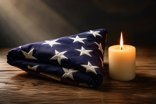 Folded American flag next to a burning candle, symbolizing remembrance and patriotism