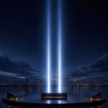 Tribute in Light memorial beams shining into the night sky