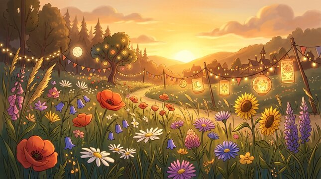 Campo de flores silvestres iluminado con farolitos festivos al atardecer, sendero hacia un pueblo tradicional en celebraci&oacute;n cultural.