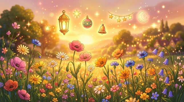 Prado de flores silvestres al atardecer con farolillo m&aacute;gico y estrellas, celebraci&oacute;n festiva de la herencia hispana y fantas&iacute;a natural.