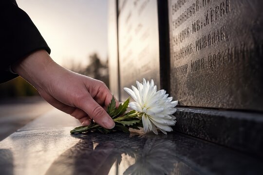 Hand placing white flower on memorial stone, symbol of remembrance and grief