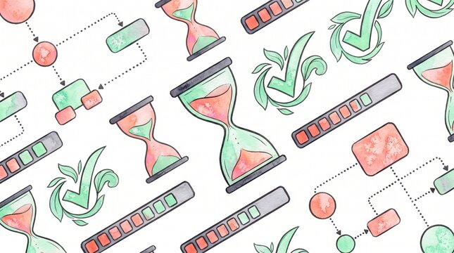 Productivity and Time Management seamless pattern, a watercolor illustration of business process flowcharts, hourglasses, progress bars, and checkmarks
