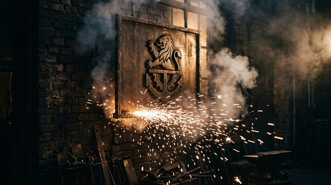 Emblema de metal con le&oacute;n y ancla desprendiendo chispas en un taller de herrer&iacute;a oscuro con humo y ambiente industrial tradicional.