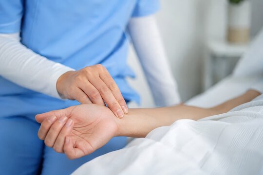 Nurse checking patient's pulse, close-up of hands in a medical setting