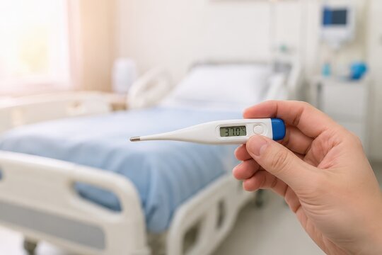 Hand holding a digital thermometer in a hospital room, close-up