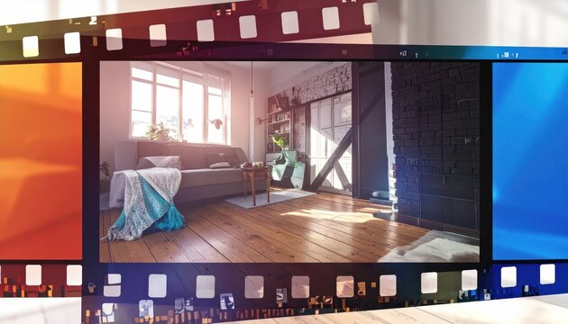 Modern Living Room with Film Reel Overlay - Cozy Apartment Interior Design, Natural Light, and Stylish Decor