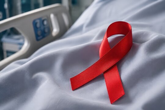 Red ribbon symbolizing AIDS awareness lying on a hospital bed