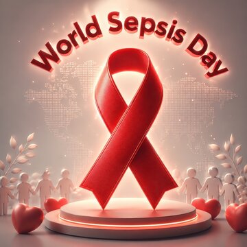 World Sepsis Day awareness with red ribbon and abstract human figures
