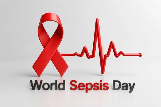 World Sepsis Day awareness symbol with red ribbon and ECG heartbeat line