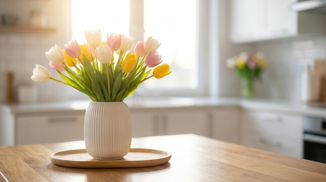 Fresh spring tulips in a white vase on a kitchen table with bright backlighting.