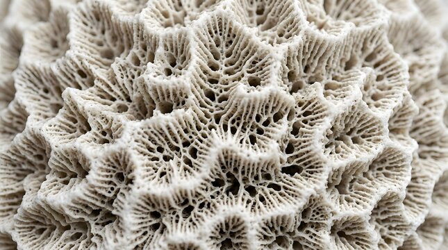 Natural textured skeleton of a dried sea coral showing intricate patterns and organic channels shaped by marine biology and calcification processes found within reef ecosystems around the planet