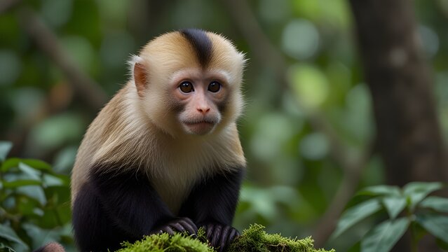 Curious white-faced capuchin monkey sitting on a mossy branch in a vibrant green tropical rainforest habitat