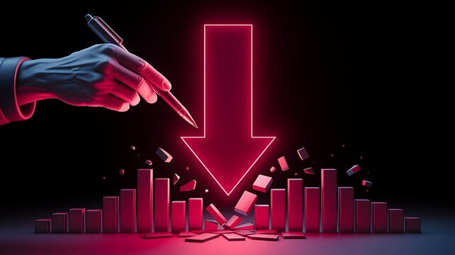 Business decline concept with red downward arrow breaking financial growth charts