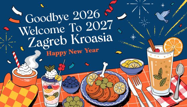 Happy New Year Zagreb Croatia 2027 Celebration with Festive Drinks and Food. Goodbye 2026, Welcome 2027.