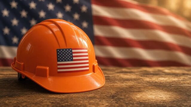 Bright orange hard hat rests on wooden surface, adorned with American flag, symbolizing labor pride