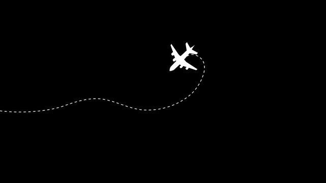 Airplane path drawing a heart line animation isolated on black background