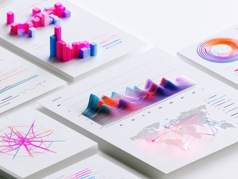 Abstract 3d data visualization charts and graphs on white paper sheets, modern business analytics and digital information representation concept