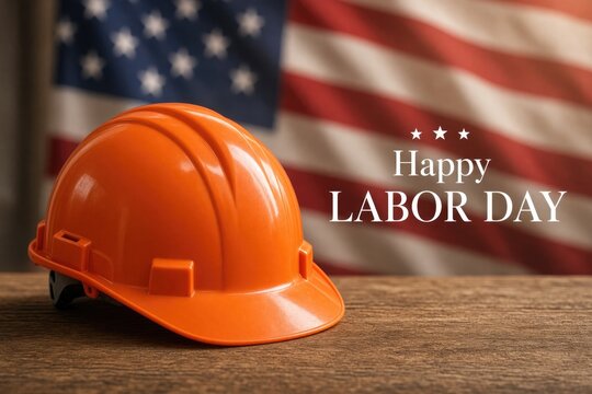 Orange hard hat rests on wooden surface, celebrating Labor Day with patriotic flair.