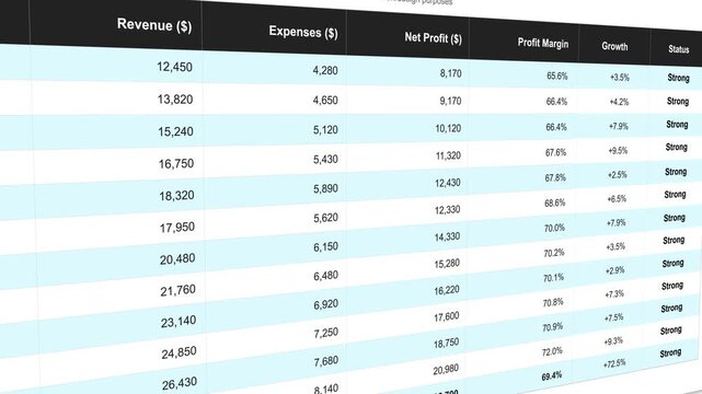 Monthly revenue and growth rate financial performance 2026 table scrolling animation isolated on white background