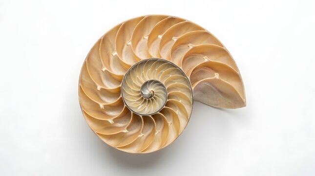 Natural nautilus shell cross section revealing internal spiral chambers for mathematical patterns and biological growth study displaying organic golden ratio geometry found within deep ocean