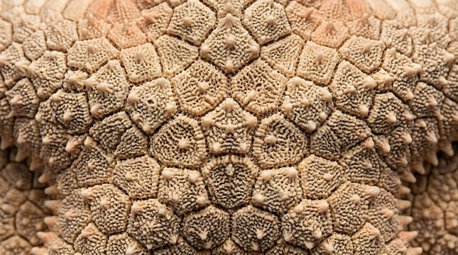 Natural geometric patterns covering the outer surface of a marine starfish demonstrate the complex biological structure of echinoderms found in ocean habitats showing rough textures and hard