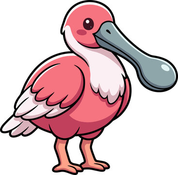 Cute cartoon spoonbill bird, simple pixel art style, pink and white plumage, unique flat beak, adorable avian character