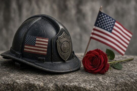 Firefighter helmet featuring flags and rose embodies courage, tribute, and heroism.