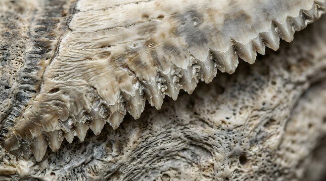 Ancient fossilized shark tooth embedded within a rough textured sedimentary rock formation revealing prehistoric marine life history through organic mineralized remains found during geological