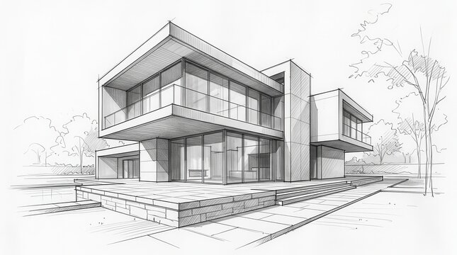 A detailed pencil and marker architectural sketch of a contemporary house facade.