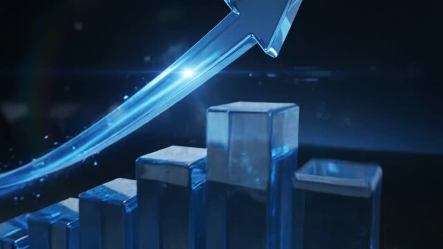 Rising blue arrow 3D chart, business growth data graphic, success rate presentation illustration, statistical growth graph concept