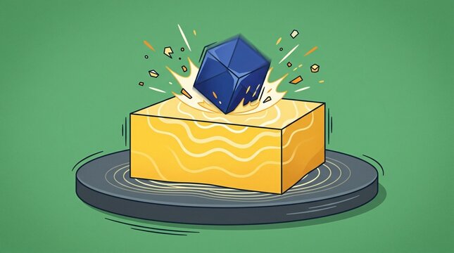 Ilustraci&oacute;n vectorial de prisma azul impactando sobre bloque amarillo con efecto de salpicadura y movimiento din&aacute;mico.