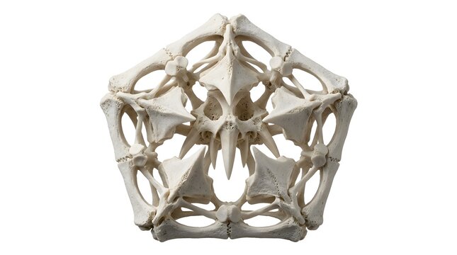 Natural animal skull assembly shaped in a pentagonal pattern demonstrating complex biological structure for educational biology research and medical anatomical studies in university science