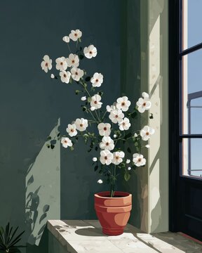 Delicate white flowers in terracotta pot, sunlight illuminating soft green wall, serene