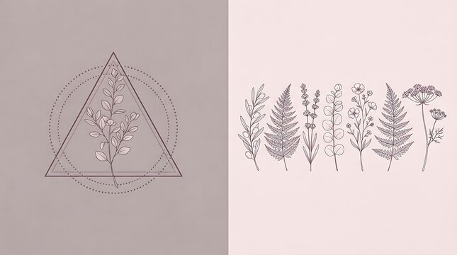 Geometric botanical line art of flora in triangle and simple linear arrangement.