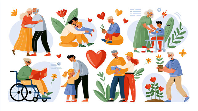 vector illustration collection of grandparents and grandchildren bonding moments including hugging, playing, reading and planting on a bright background, family love and care