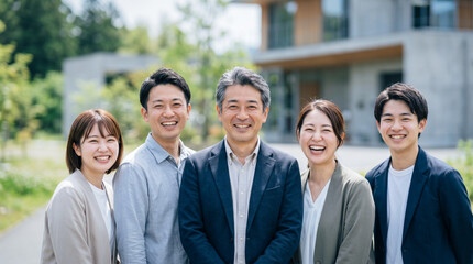Fototapeta premium 設計事務所の屋外で笑顔を見せる代表と従業員たち